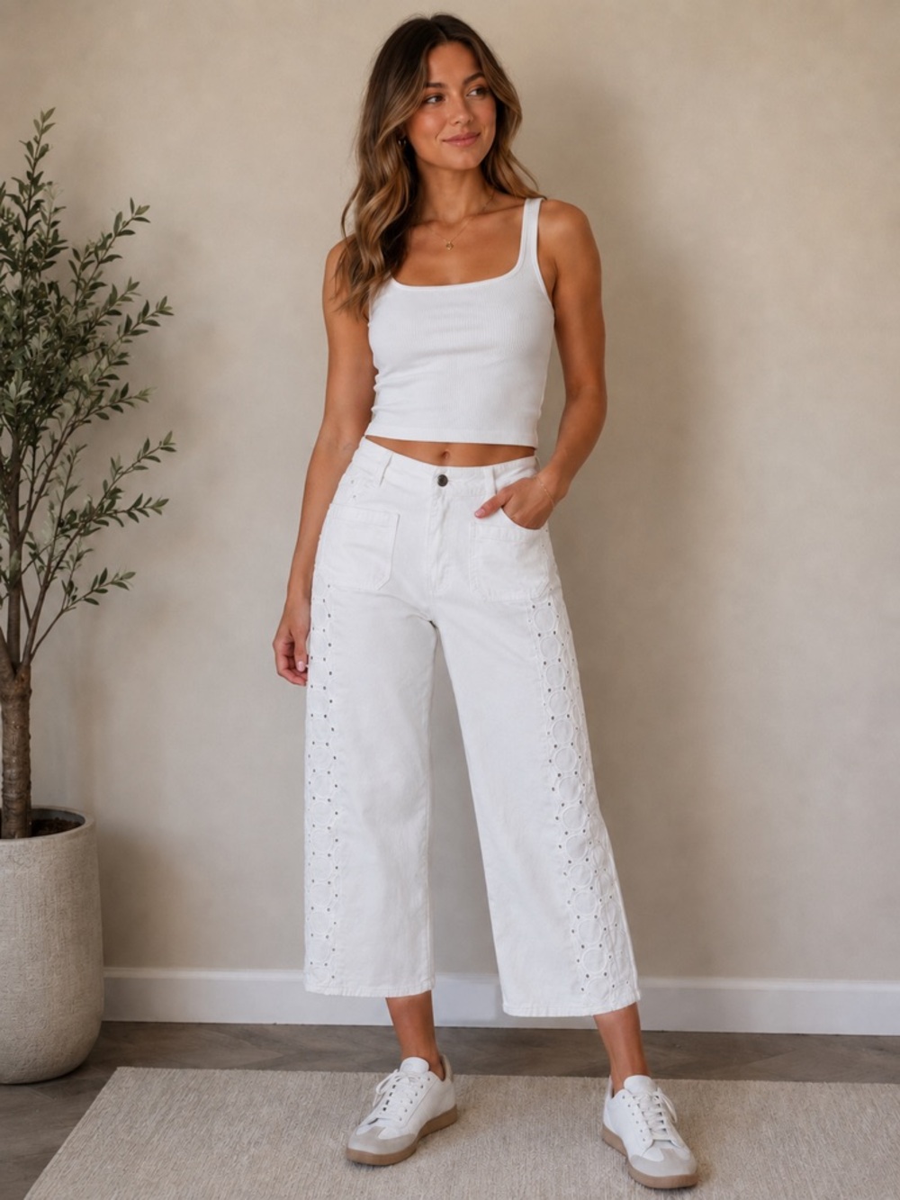 REBECCA MINKOFF White Cropped Denim Jeans With Eyelet  Lace Sides